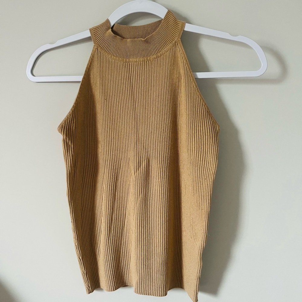 Sleeveless Tan Ribbed Top Mock Neck